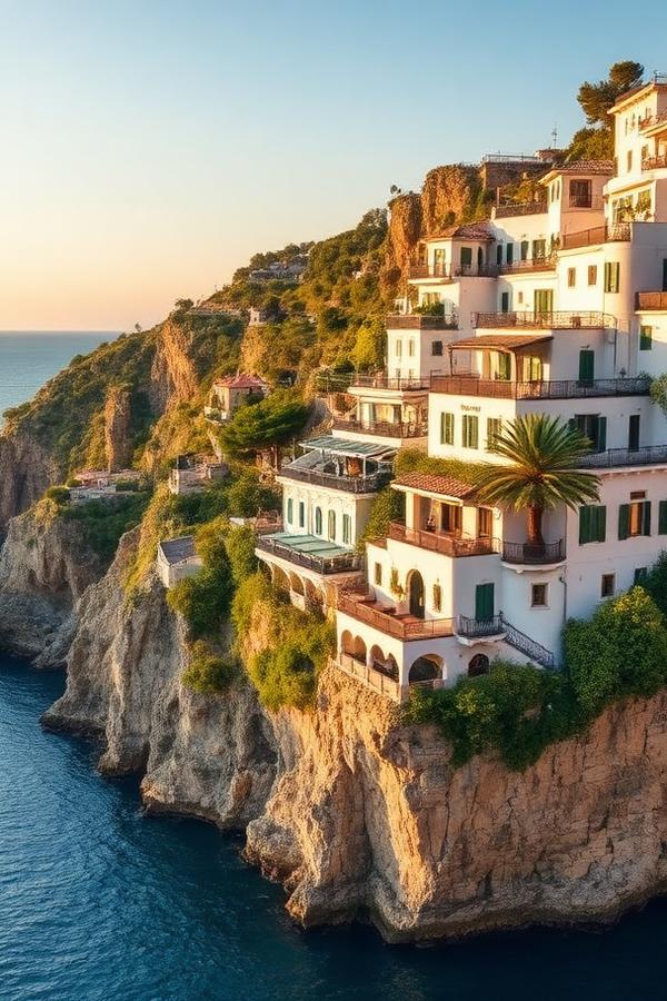 Sunlit Mediterranean village on cliffs above the sea