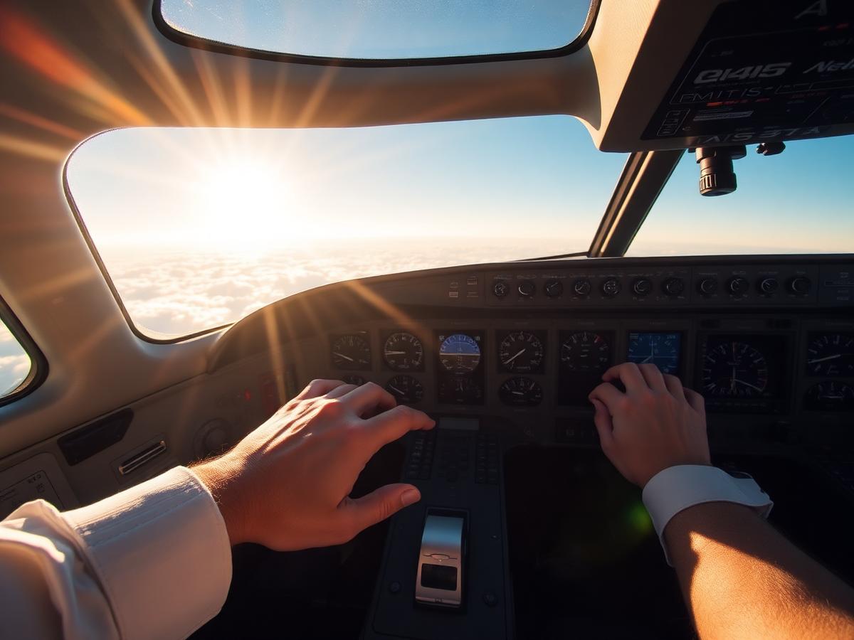 Pilot's hands on the throttle at cruising altitude