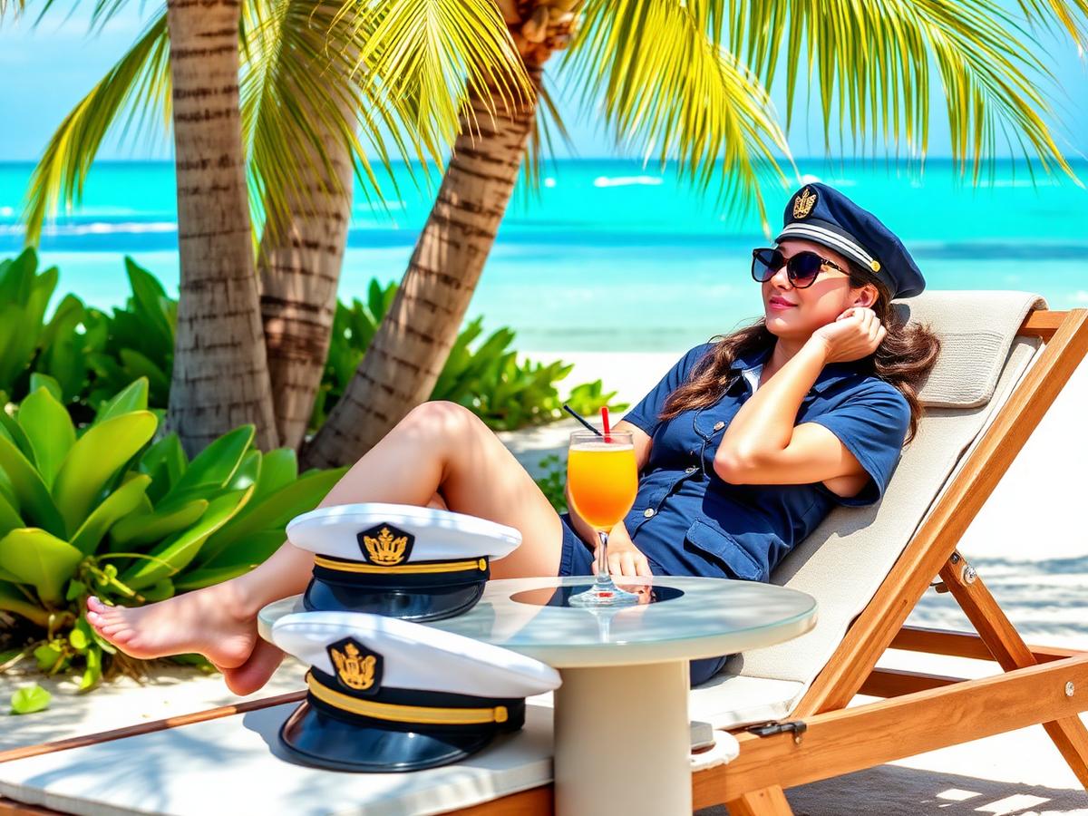Off-duty airline captain relaxing on a tropical beach