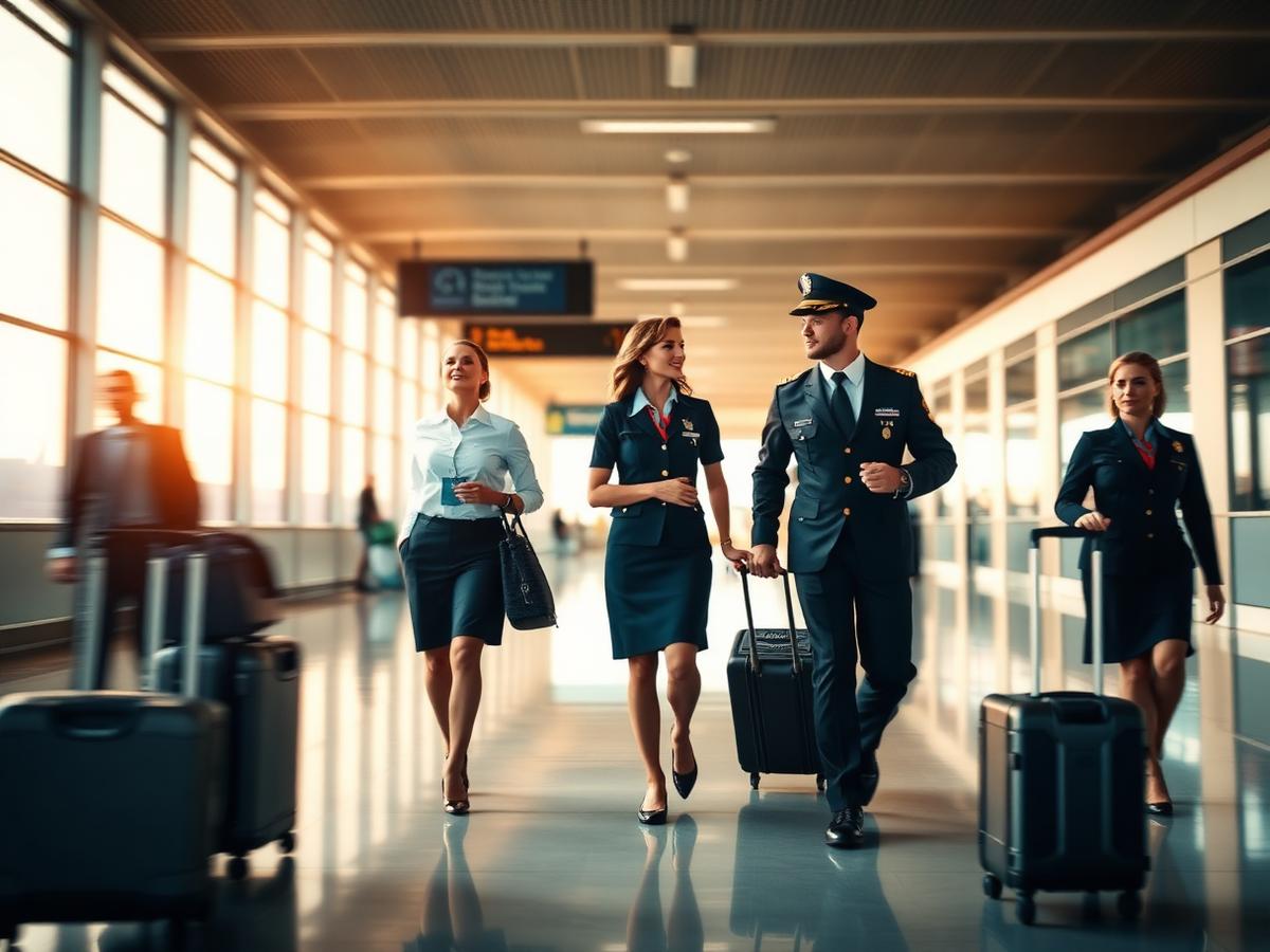 Flight crew walking through an airport terminal at sunrise