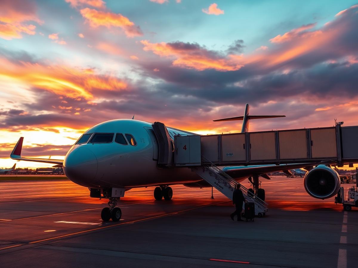 Commercial jet parked at a jet bridge at sunset