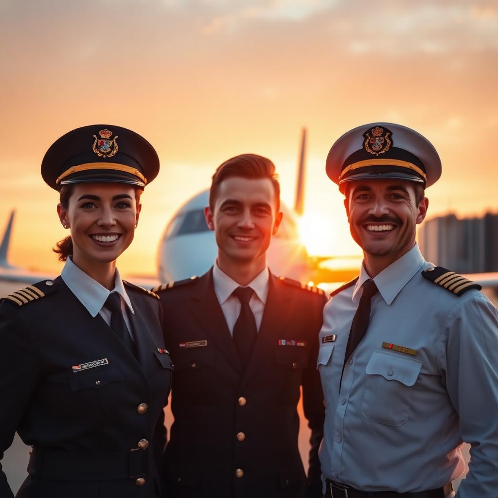 Airline pilots in uniform in front of a commercial jet at sunrise