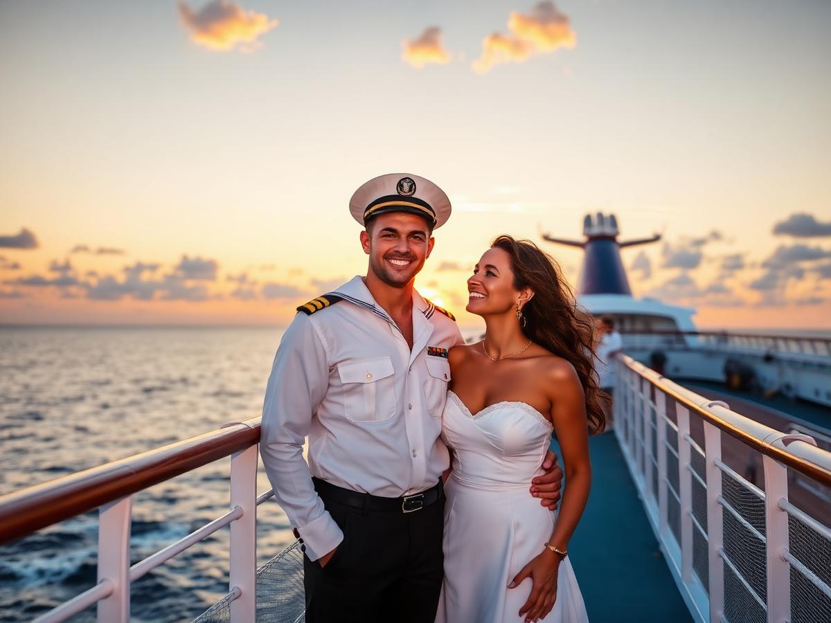 Navy sailor and spouse on a cruise ship deck at sunset
