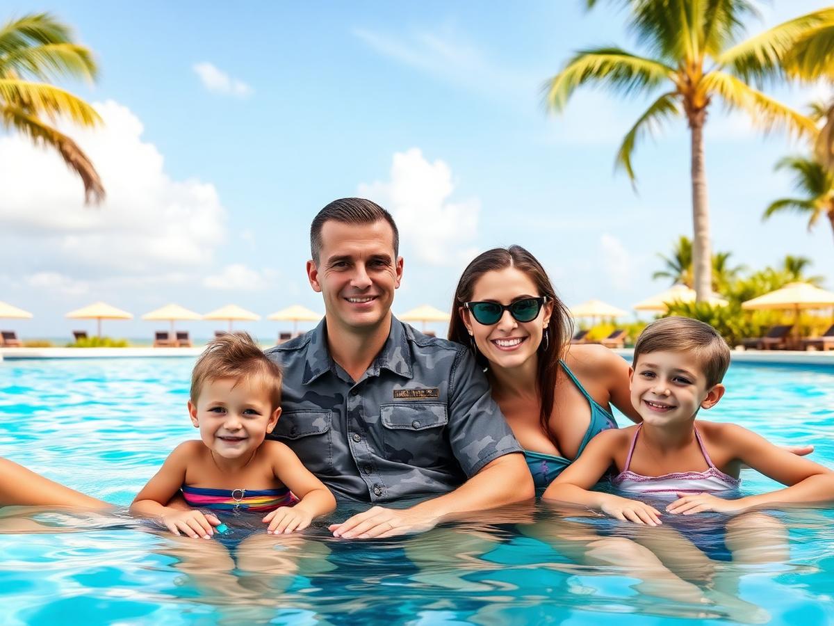 Military family relaxing in a tropical resort pool