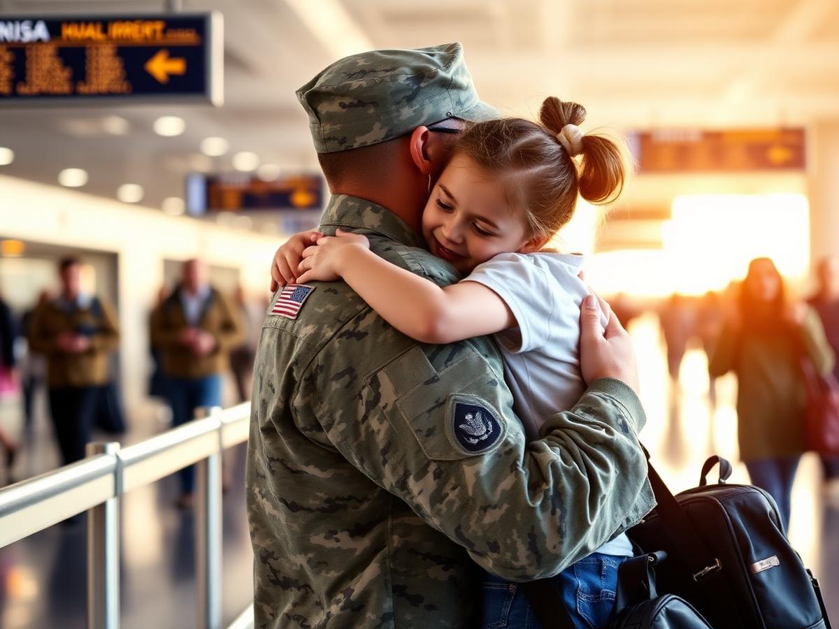 Soldier in uniform hugging his daughter at airport arrivals