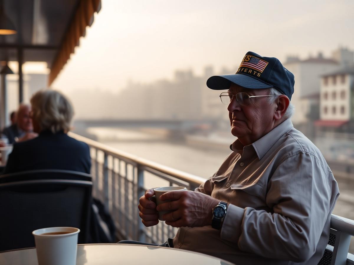 Veteran in a unit ballcap on a European river cruise balcony